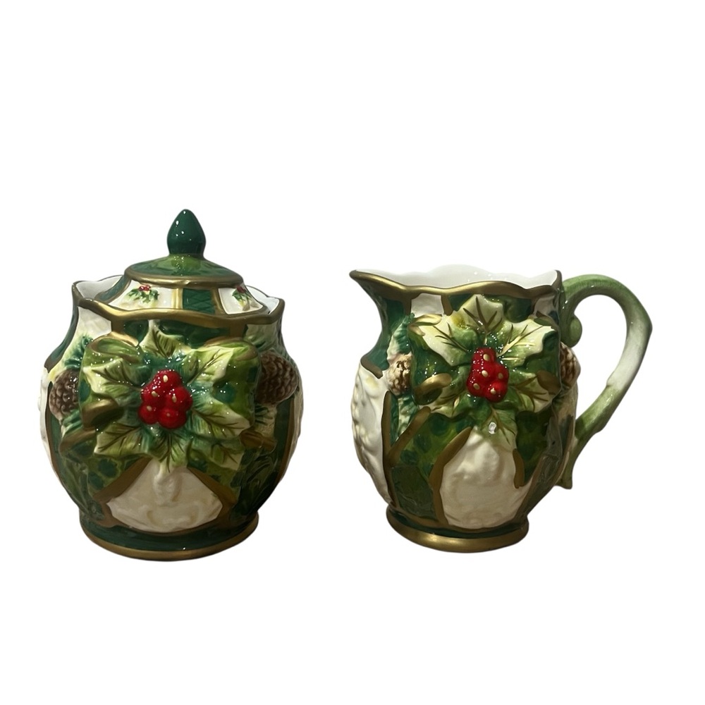 Vintage Opulence Holly hand‎ painted creamer and sugar set Christmas Holiday